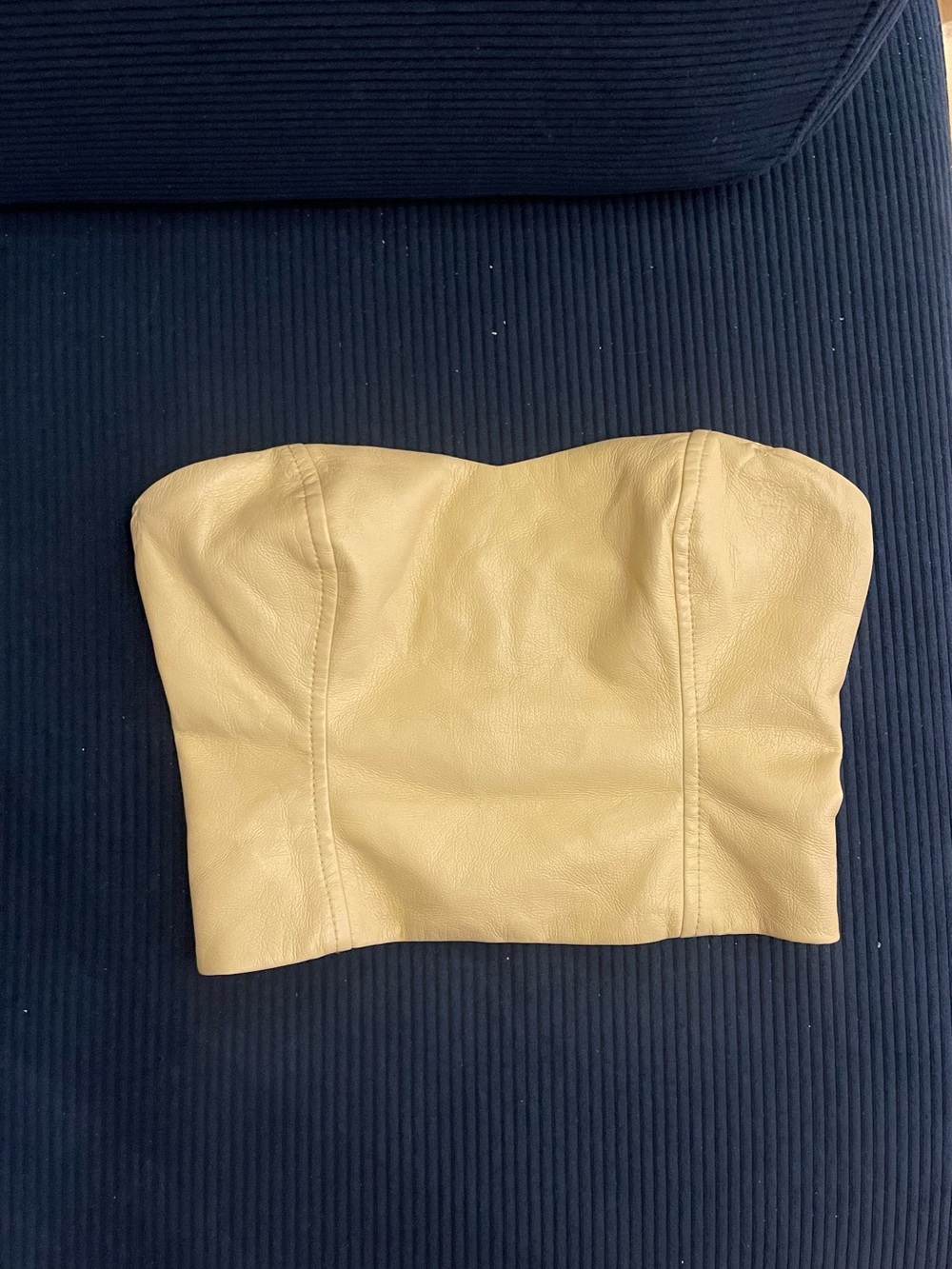 Aritzia Strapless Leather Bustier Top in Light Yellow